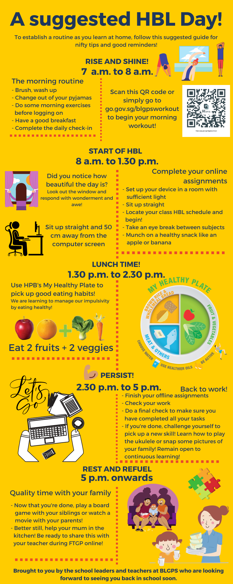 A yellow infographic showing a suggested home-based learning day schedule with tips from 7am to 5pm onwards.